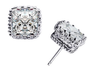 Elegant silver square crown stud earrings with sparkling cubic zirconia crystals for women