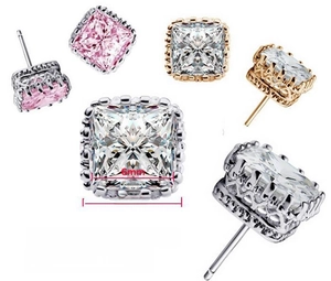 Detail view of square cut zircon crown earrings in 6mm and 8mm sizes with claw setting