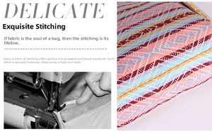 Close-up of bohemian colorful canvas bag showing high-density double stitching details
