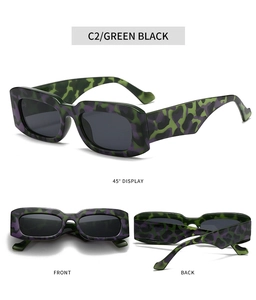 Three-angle display of rectangular sunglasses with green and black camouflage frame