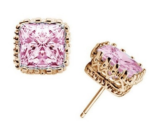 Detail of princess cut pink crystal crown earrings in rose gold setting with bead border