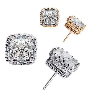 Square cut zircon stud earrings with crown hollow design in silver and gold finishes