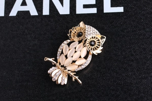 Detailed close-up of an owl brooch featuring sparkling rhinestones and champagne cat eye stones