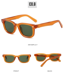 Drei-Ansichten-Display der quadratischen orangefarbenen Sonnenbrille mit grünen Gläsern