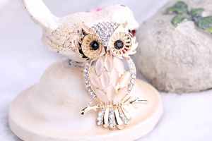 Close-up of golden owl brooch with cat-eye stone and rhinestones on a decorative branch