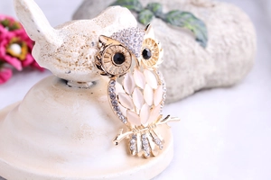 Detailed close-up of a gold owl brooch featuring cat-eye stones and sparkling crystals