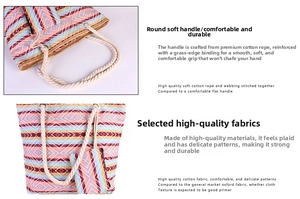 Detail of colorful geometric woven tote with cotton rope handles and matching coin purse