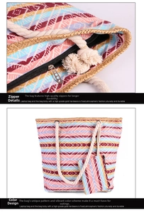 Detailed view of the woven beach tote bag zipper and matching small coin purse with rope handle