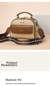 Dettaglio borsa a mano in PU beige e marrone con doppia cerniera e tasca con patta