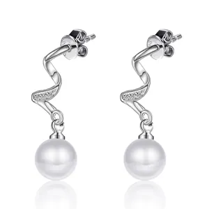 Elegant Drop Earrings With Faux Artificial Pearl S-Shaped Spiral Copper Zirconia And Silver Earring Post Jewelry Accessories For Women
