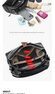 Scomparti interni di una borsa in pelle nera che mostrano la custodia multi-tasca