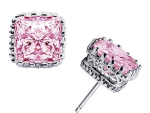 Pink princess cut zircon stud earrings with silver crown hollow design for couples