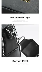 Dettaglio del logo stampato in oro e dei ganci metallici della tracolla sulla borsa in pelle