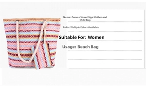 Detail view of colorful geometric canvas beach tote with rope handles and small coin purse