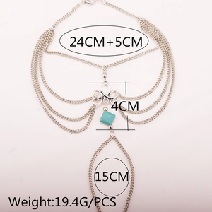 Silver boho foot chain with turquoise pendant and layered tassels showing size dimensions