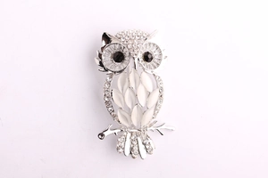 Detailed close-up of a silver owl brooch featuring cat eye stones and sparkling crystals