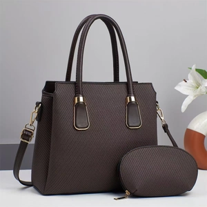 Elegant dark brown textured tote bag set with matching oval coin purse and gold hardware