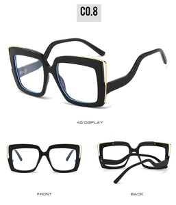 Three-view layout of large square sunglasses with gold metal trim and curved wavy temples