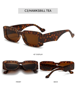 Detail view of tortoiseshell tea rectangular sunglasses with 45-degree and front angles