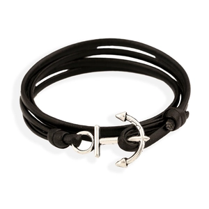 Retro multi-layer black PU leather bracelet with silver anchor buckle on white background