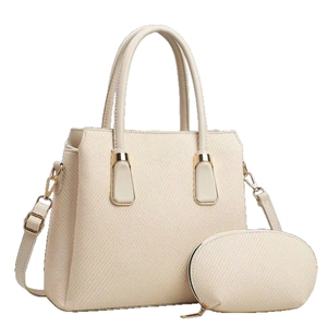 Elegant beige woven texture handbag and coin purse set with detachable strap and gold hardware