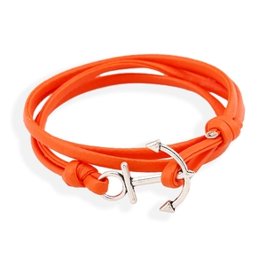 Orange nautical PU leather multi-layer wrap bracelet with a silver anchor pendant charm