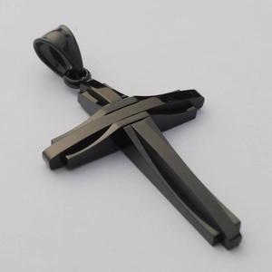Modern black titanium steel multi-layered cross pendant with a polished metallic finish
