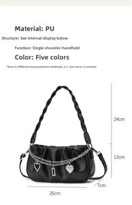 Detailed size chart for black ruched PU handbag with silver chain and heart charms