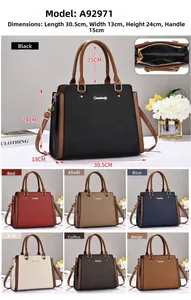 Close-up of internal multi-compartment structure and 30.5cm dimension of the handbag