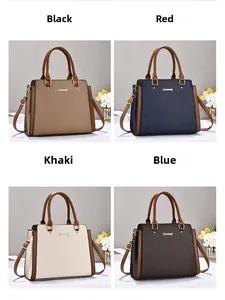 Litchi pattern handbags in black, red, khaki, and blue with gold hardware and logo