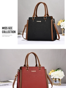 Detail of lychee textured leather handbags in black and red with gold hardware