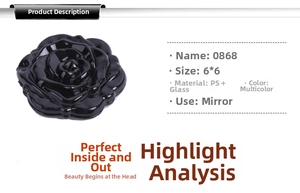 Detail view of compact black rose shaped makeup mirror showing specifications and 6cm size