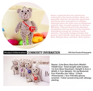 Detailed view of colorful rhinestone bear keychains with size dimensions and weight info
