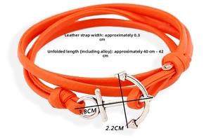 Detailed view of orange PU leather wrap bracelet with silver anchor clasp and measurements