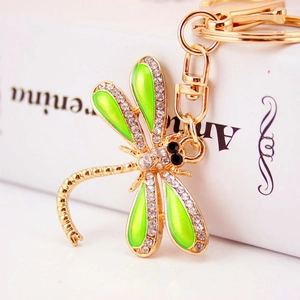 Dragonfly Keychain Zinc Alloy Green Enamel Wings White Rhinestone Inlaid Gold Plated Cute Animal Bag Pendant Accessory