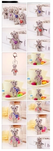 Detailed views of sparkling rhinestone teddy bear keychains with colorful heart bags