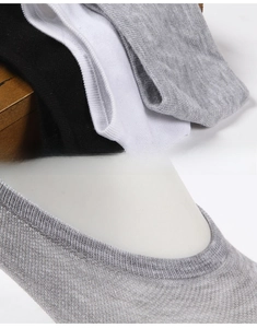 Detailed view of low cut velvet boat socks in black, white and grey with non-slip silicone