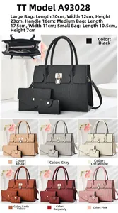 Three-piece handbag set featuring tote, crossbody and purse in textured synthetic leather