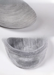 Detail of light grey invisible socks showing non-slip silicone heel and reinforced toe