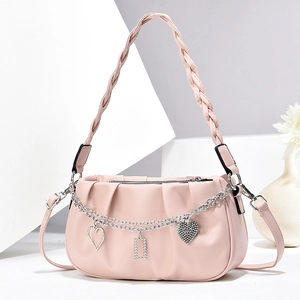 Fashionable light pink pleated handbag with silver heart chain and woven handle