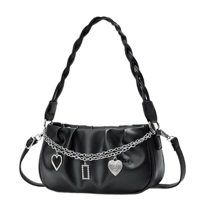Fashionable black pleated shoulder bag with silver chains and diamond-encrusted heart pendants