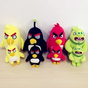 Collection of plush Angry Birds toy keychains in yellow, black, red, and green colors