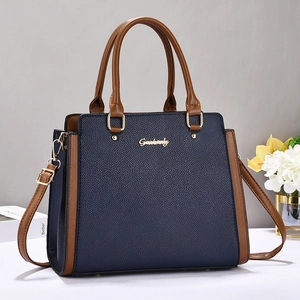 Women Handbag Lychee Pattern PU Leather Tote Contrast Color Crossbody Bag Gold Hardware Double Handle Commuter Fashion