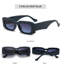 Detailed views of rectangular sunglasses in blue gray blue with front and back angles