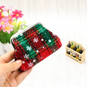 Christmas plaid fabric mini coin purse with metal clasp and festive snowflake patterns
