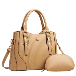 Elegant khaki pleated tote bag set with matching coin purse and gold hardware detailing
