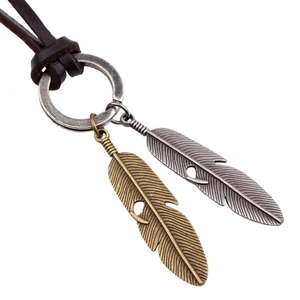 Retro brown leather necklace featuring bronze and silver double feather metal pendants