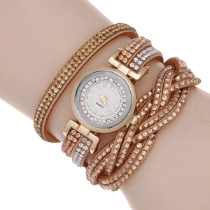 Champagne gold multi-layer wrap watch with sparkling rhinestones and white dial