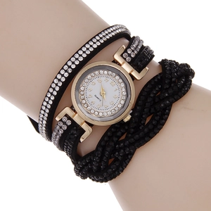 Chic multilayer wrap watch for women with black beads, crystals, and gold quartz dial
