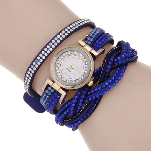 Women's multi-layer wrap quartz watch with blue velvet strap and sparkling rhinestones